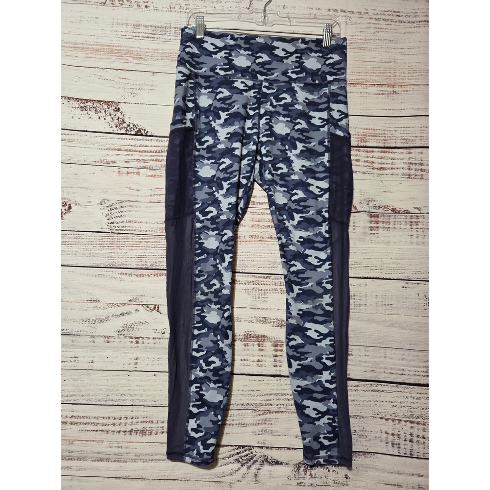 Fabletics PowerHold Camo Leggings Blue Grey Mesh Panel Pockets High Rise Medium